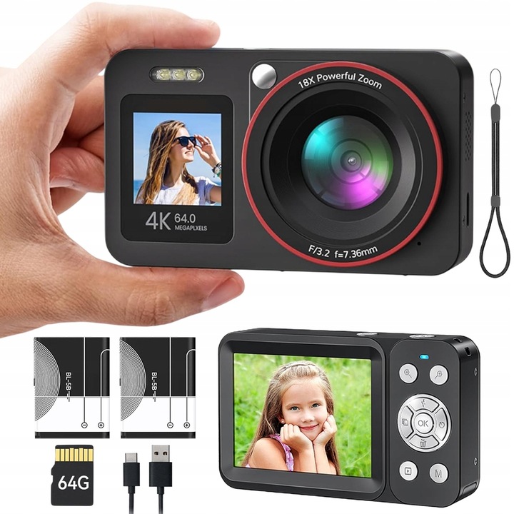 DIGITÁLNÍ FOTOAPARÁT 64MP S 18X ZOOMEM A 64GB KARTOU PRO DOSPĚLÉ