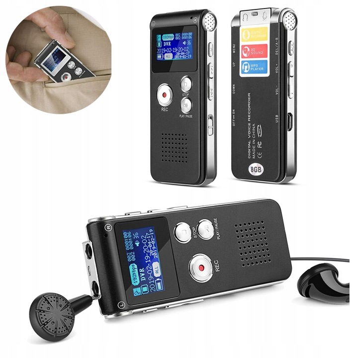 DIGITÁLNÍ DIKTAFON PROFESIONÁLNÍ 1536 kb/s 8GB ŠPIONÁŽNÍ MP3 DETEKCE ZVUKU