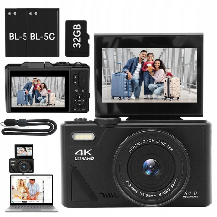 DIGITÁLNÍ FOTOAPARÁT ČERNÝ 64MP 4K S 16X ZOOMEM A 3" DISPLEJEM PRO VLOGERY
