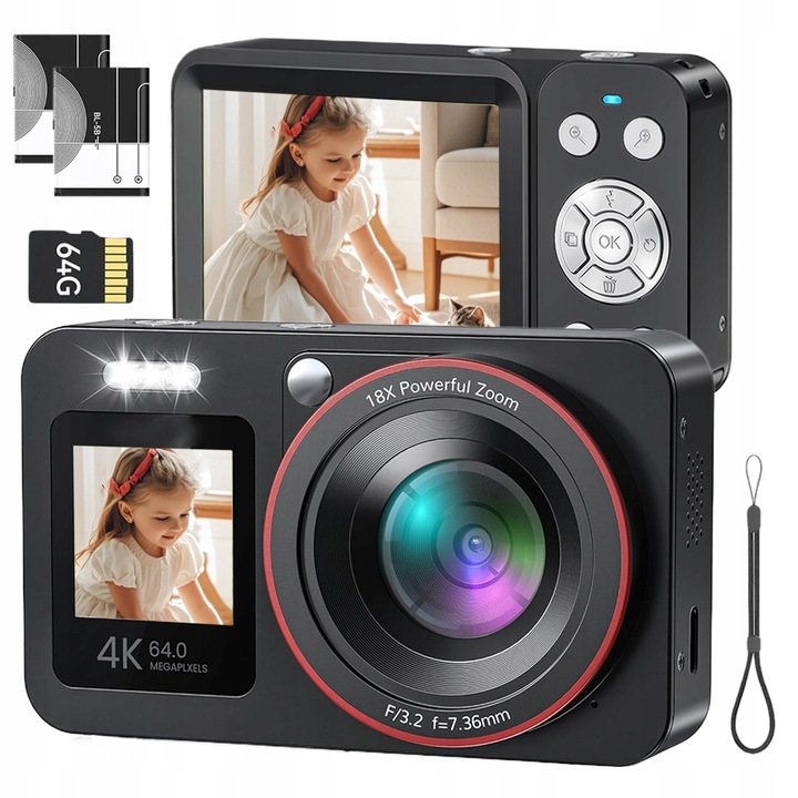 Digitální fotoaparát pro potápění s dvěma displeji 64MP 18x zoom a 64 GB paměti