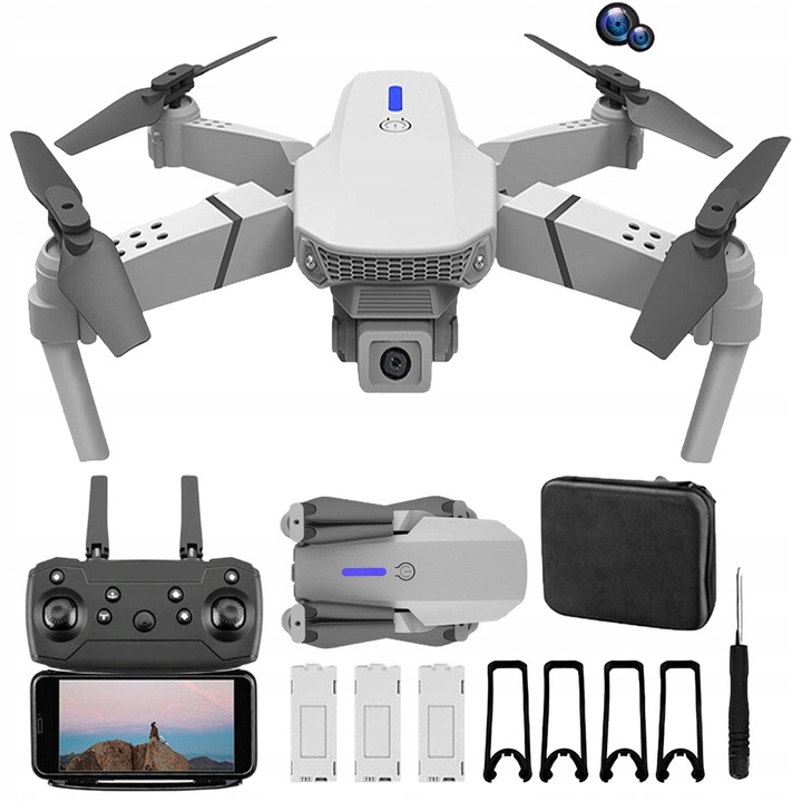 DRON S KAMEROU E88 PRO 2 KAMERY WIFI HD OVLÁDANÝ DÁLKOVÝM OVLADAČEM HRAČKA POUZDRO