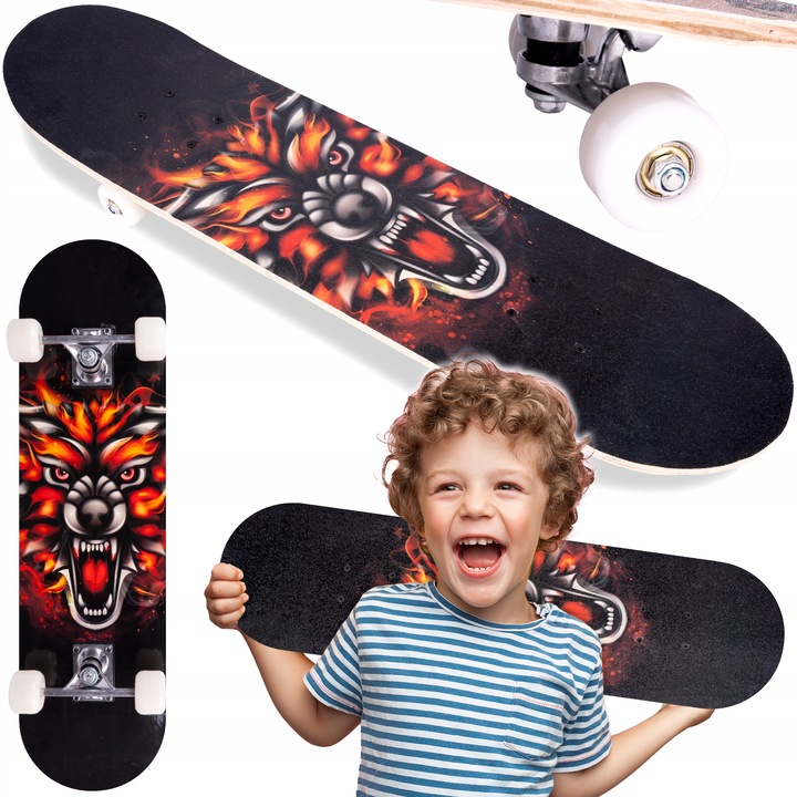 DŘEVĚNÁ SKATEBOARDOVÁ DESKA PRO DĚTI ABEC-5 KOLEČKA 50 MM, OBOUSTRANNÁ, LEVOSTRANNÁ, DÉLKA 77 CM