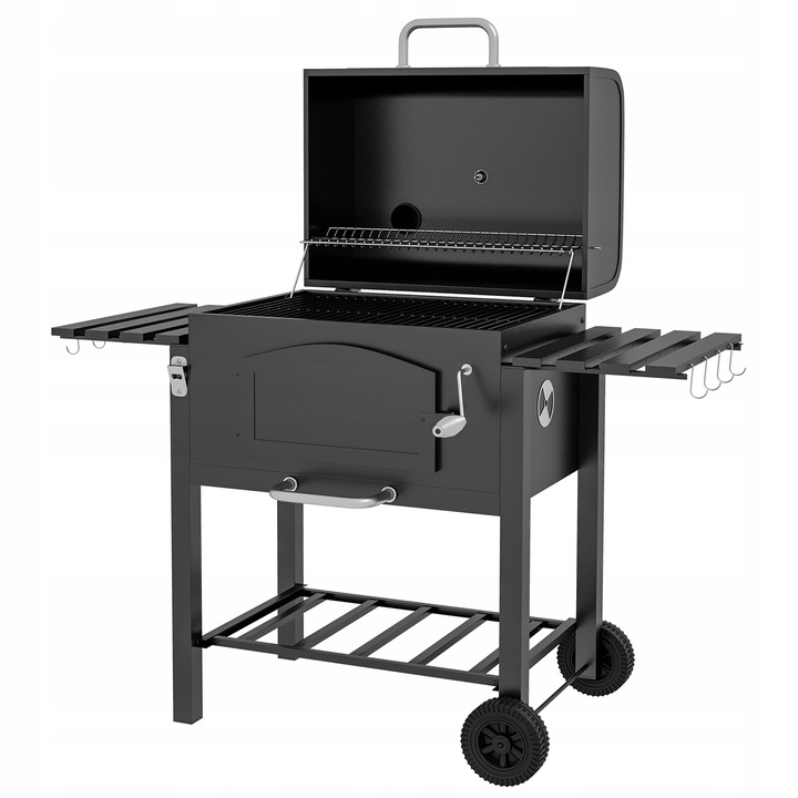 Gril na dřevěné uhlí BBQ Zahradní udírna Velký s víkem Police Popelníkem