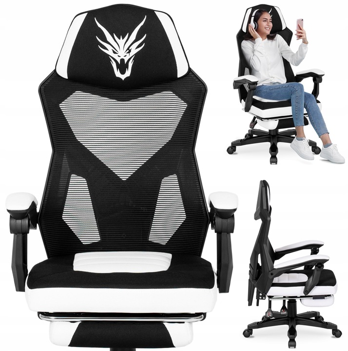 Herní křeslo Otočné křeslo s podnožkou BING Bílá Černá AKCE