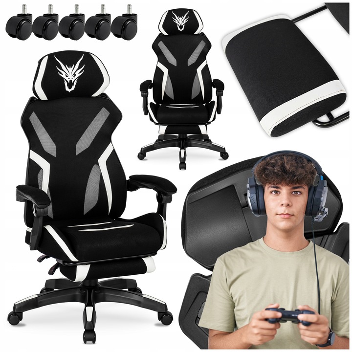 Herní otočné křeslo s podnožkou, pro mládež, černo-bílé MAXIMO VÝPRODEJ