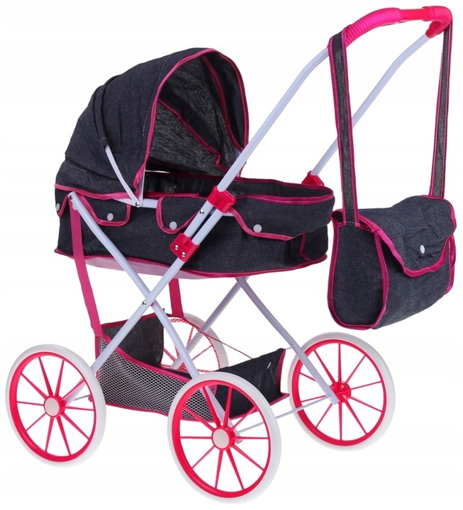 Hluboký kočárek pro panenky s gondolou, skládací stříškou a pěnovými koly