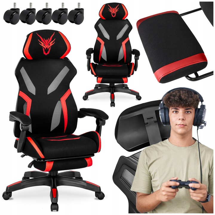 Herní otočné křeslo s podnožkou pro mládež, černo-červené MAXIMO