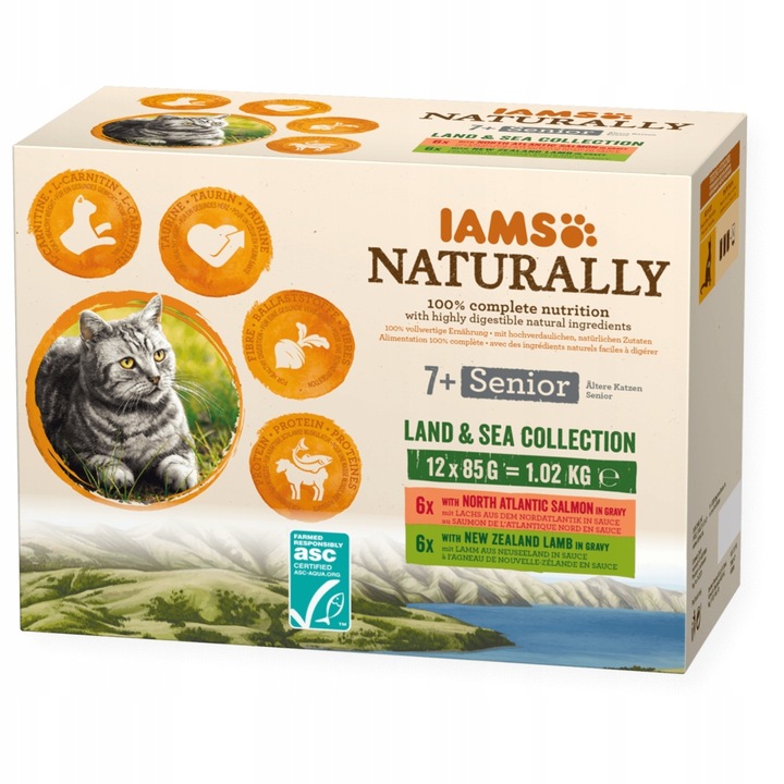 Iams Naturally Senior 12x85 g Mokré Krmivo Pro Kočky Masové a rybí příchutě