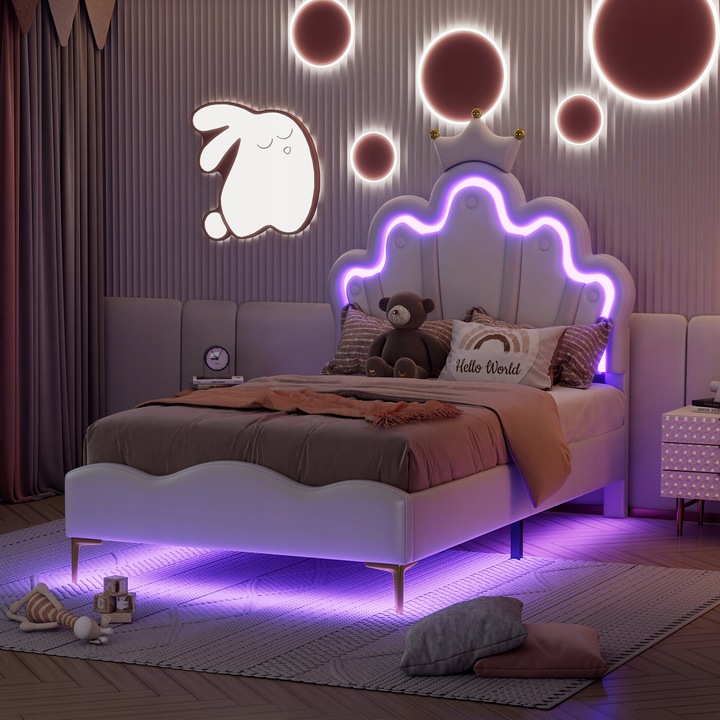 jednolůžko čalouněná postel PU kůže 90x200cm Nastavitelná LED Bílá