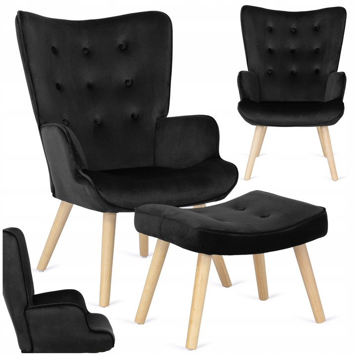 Křeslo ušák s podnožkou do obýváku, pro kojení, skandinávský styl, černé LOZANO