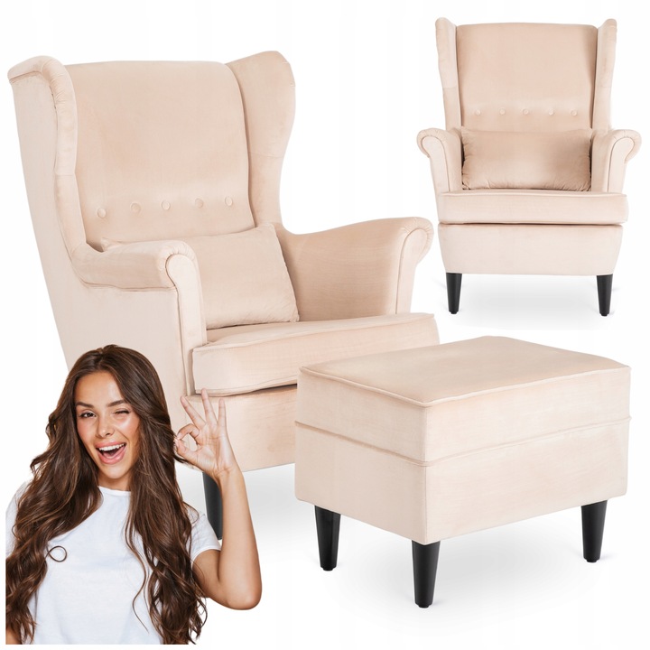 Křeslo Ušák s Podnožkou Relaxační Sametové Do Obývacího Pokoje Béžové EVAN 2