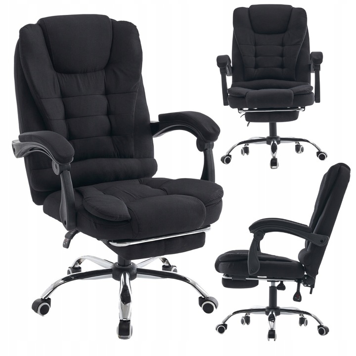 Křeslo s MASÁŽÍ černá TKANINA základna CHROM otočná kancelářská + PODNOŽKA!