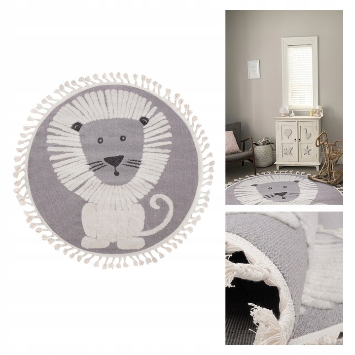 KOBEREC KULATÝ koberec, šedý s lvem, 100 x 100 cm, měkký, se skandinávskými třásněmi