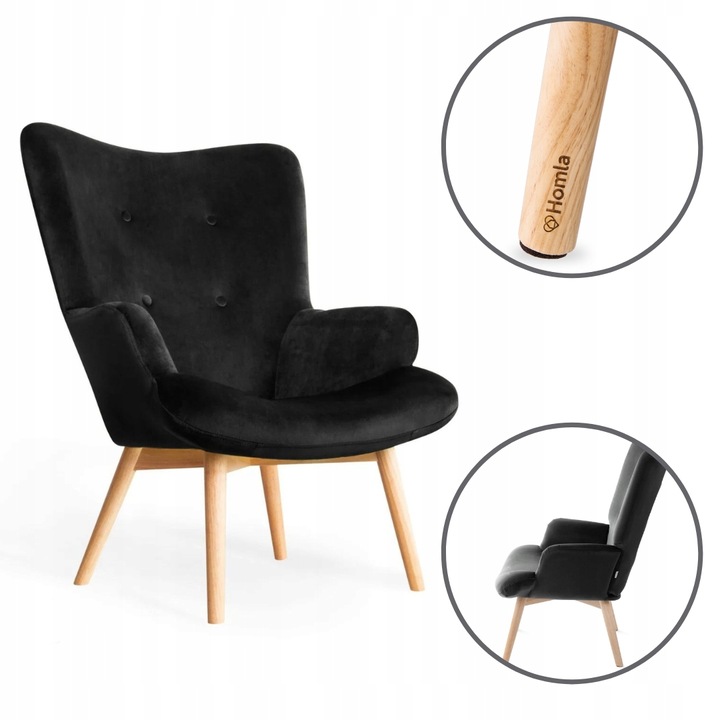 Křeslo do obývacího pokoje MOSS - velurová černá barva - POHODLNÝ ODPOČINEK - HOMLA