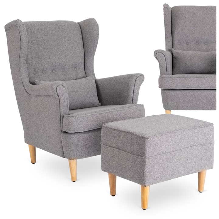 Křeslo Ušák s Podnožkou Čalouněné Relaxační Do Obýváku Šedé EVAN 2