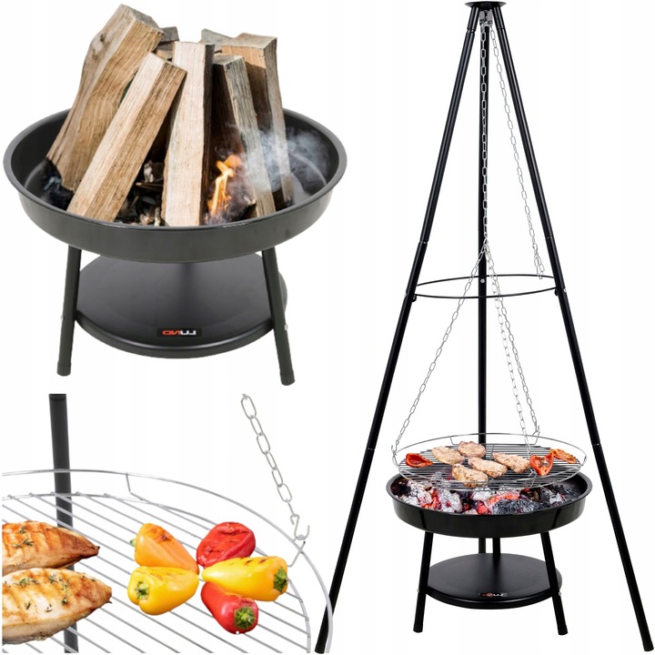 LUND ZÁVĚSNÝ GRIL NA UHLÍ NA TROJNOŽKU OHNIŠTĚ CHROMOVANÝ ROŠT 46 CM 99903