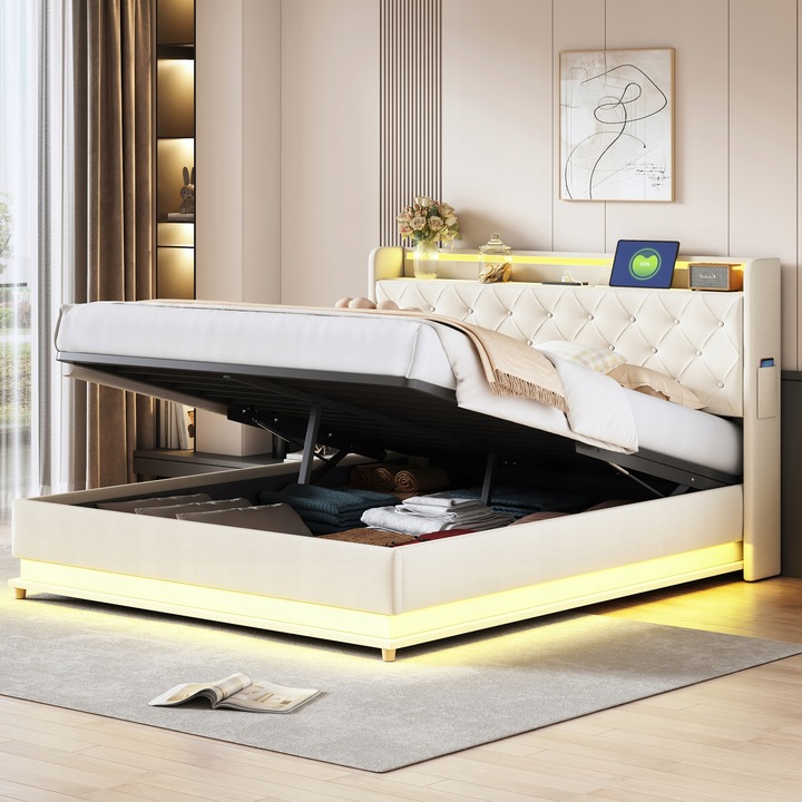 LED čalouněná postel 160*200 cm hydraulickým zásobníkem Béžová
