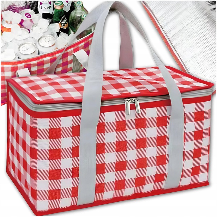 LUNCH BOX velká termo prostorná na jídlo pikniková kostkovaná taška