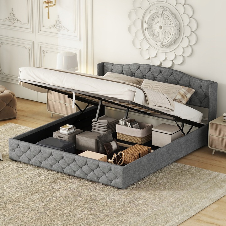 Manželská postel čalouněná 180 x 200 s hydraulickým úložným prostorem šedá