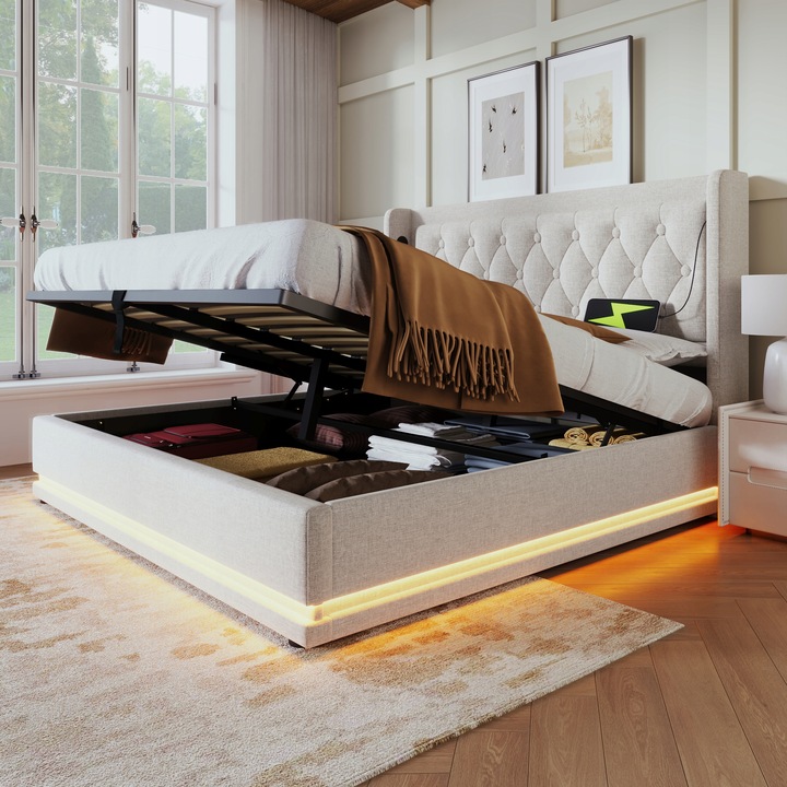 Manželská postel čalouněná 180x200cm hydraulický sklad USB LED béžová