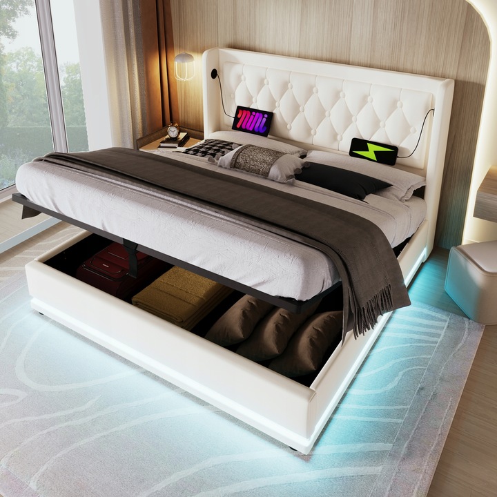Manželská postel čalouněná o rozměrech 160x200cm PU USB LED Hydraulická VÝPRODEJ