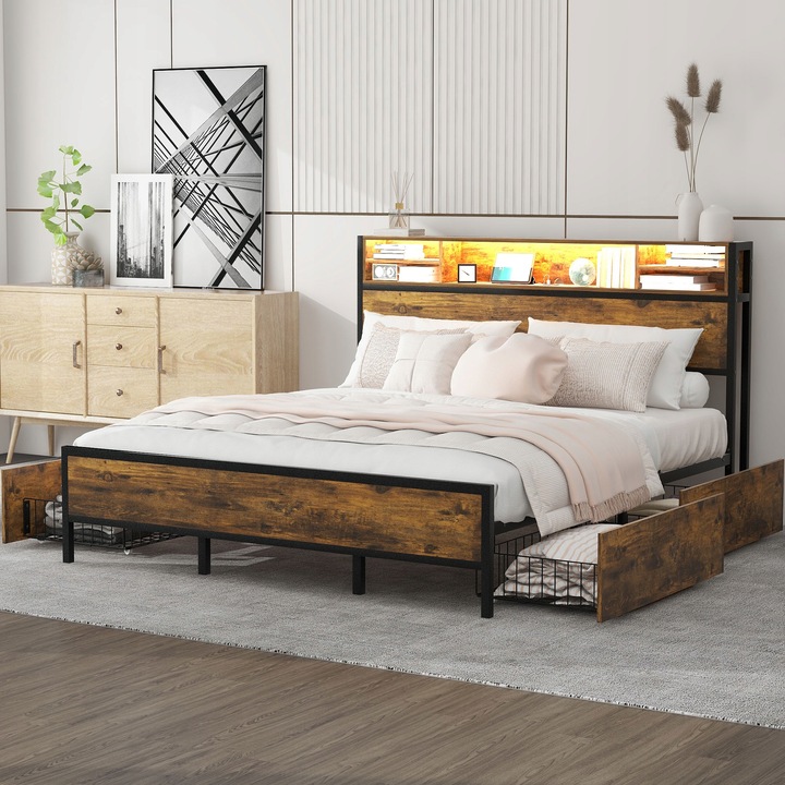 manželská dřevěná postel 180x200cm LED postel nabíjecím portem USB 4šuplík AKCE