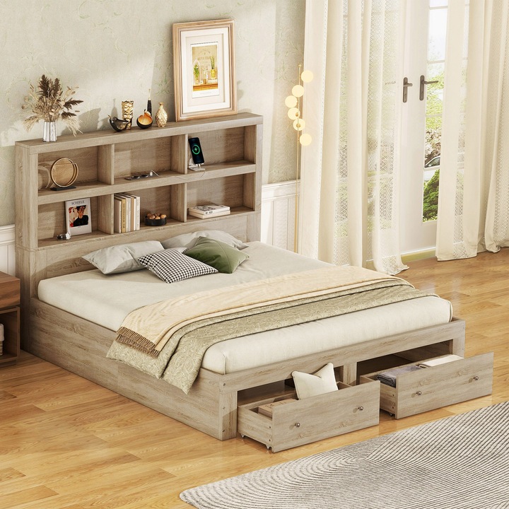 Manželská postel 160*200cm, dřevo 2 zásuvky úložná opěrka hlavy SLEVA