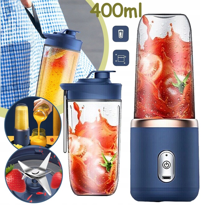 MINI USB MIXÉR O OBJEMU 400 ML SE 6 ČEPELEMI, NA SMOOTHIE, NA CESTY