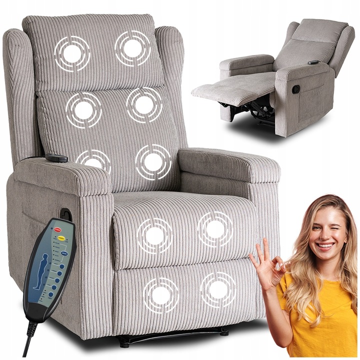 Masážní Křeslo Rozkládací Relaxační Do Obývacího Pokoje Šedý Manšestr SEBASTIAN