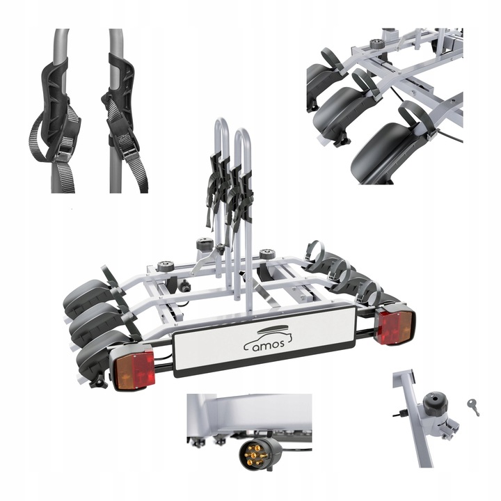 NOSIČ KOL NA TAŽNÉ ZAŘÍZENÍ AMOS TYTAN 7 PINŮ PRO 3 KOLA DO 75 kg, SKLOPNÝ, SE ZÁMKEM