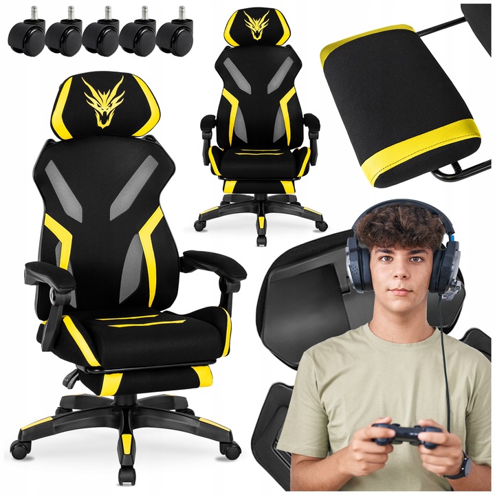 Otočné herní křeslo s podnožkou pro mládež, černá, žlutá, MAXIMO