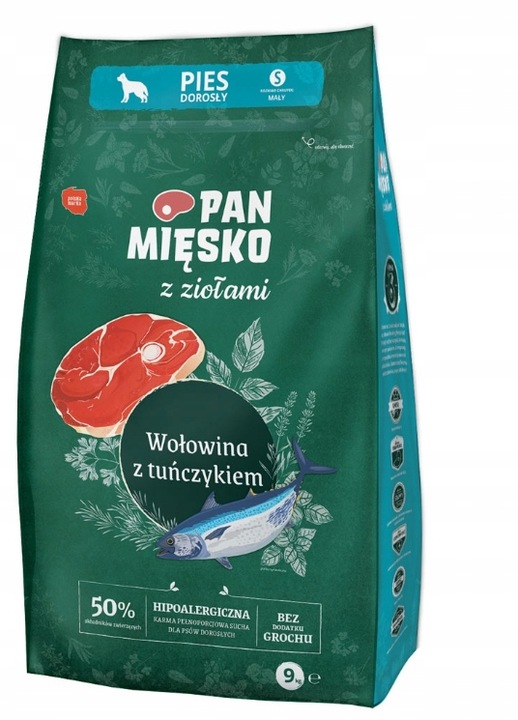 Pan Mięsko suché krmivo pro psa s bylinkami Hovězí maso a tuňák křupky S 9 kg