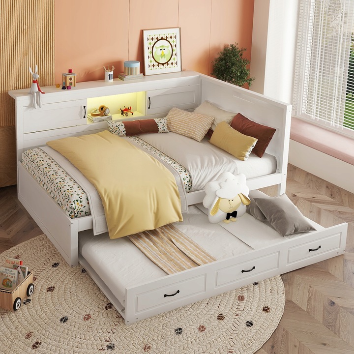 Pohovka s dvojitým lůžkem 140*200 cm Zásuvka + USB Výsuvná postel LED Bílá