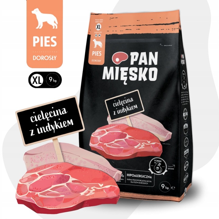 Pan Mięsko Krmivo suché pro psa TELECÍ KRŮTA ZELENINA Velká plemena XL 9 kg granule pro velké psy