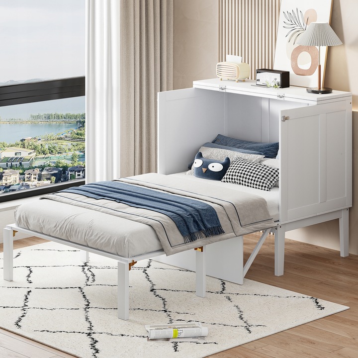 Postel zatahovací ve skříni 90x200 cm postel skládací jednolůžko Bílá LEVNĚ