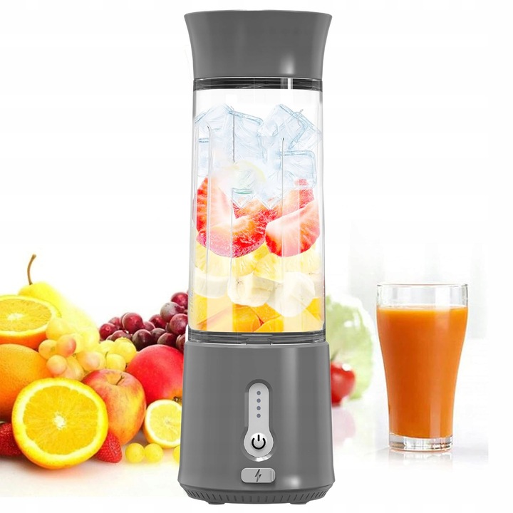 PŘENOSNÝ MIXÉR NA SMOOTHIE S LED INDIKÁTOREM A VÍKEM 500ML ŠEDÝ