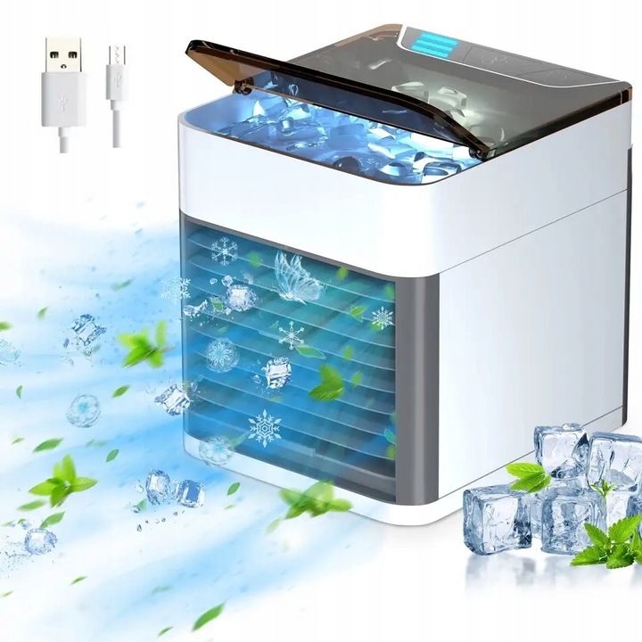 PRZENOŚNY MAŁY KLIMATYZER USB NA WODĘ i LÓD 3v1 MINI KLIMATIZACE DO DOMÁCNOSTI VENTILÁTOR