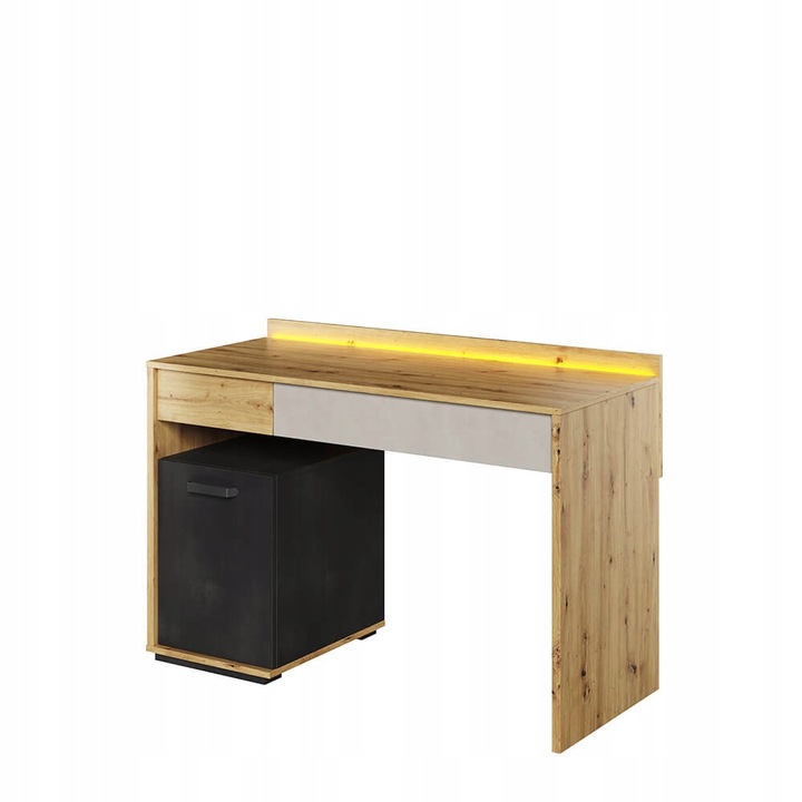 QUBIC QB-08 - Psací stůl s osvětlením Dub Artisan/Ocel/Silk Flou