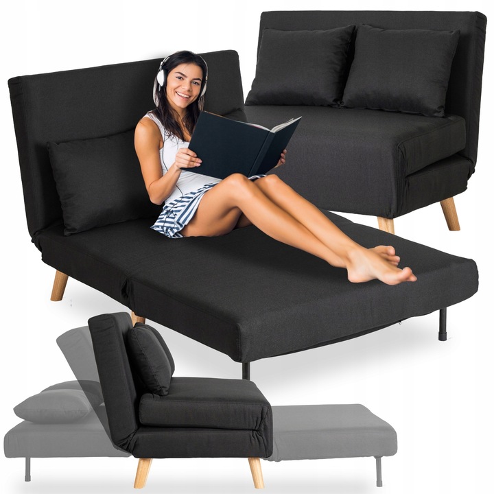 Rozkládací křeslo dvoumístná pohovka do obýváku na spaní lenoška černá MARRY 2