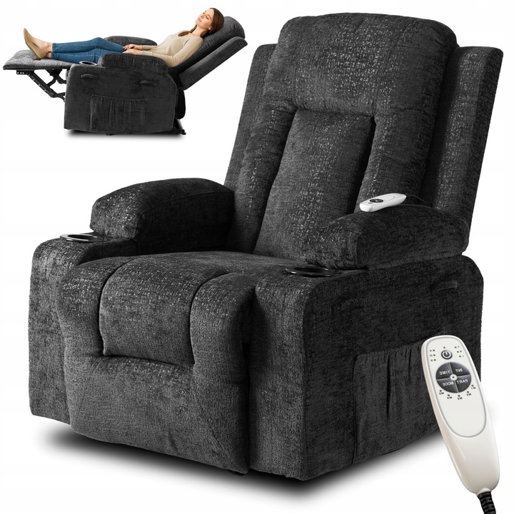 Rozkládací Relaxační Křeslo s Masáží a Podnožkou, Velurové, Černé - BOX