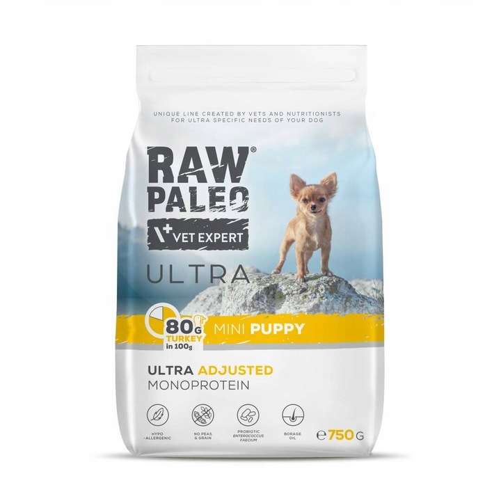 Raw Paleo Ultra Turkey Mini Puppy 750g Suché Krmivo s krůtím masem pro štěňata