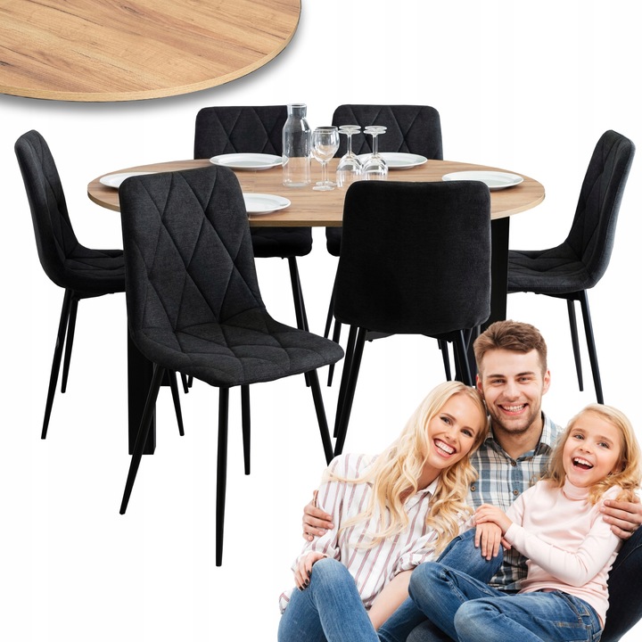 Rozkládací jídelní stůl se židlemi, čalouněný, černý, sada 6x SLEVA