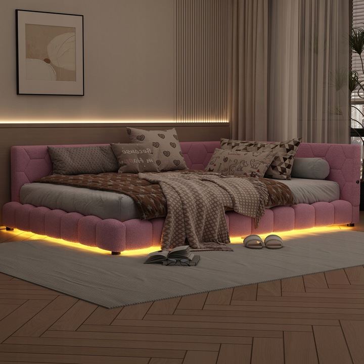 Rozkládací pohovka 140*200cm manželská postel USB LED růžová SLEVA