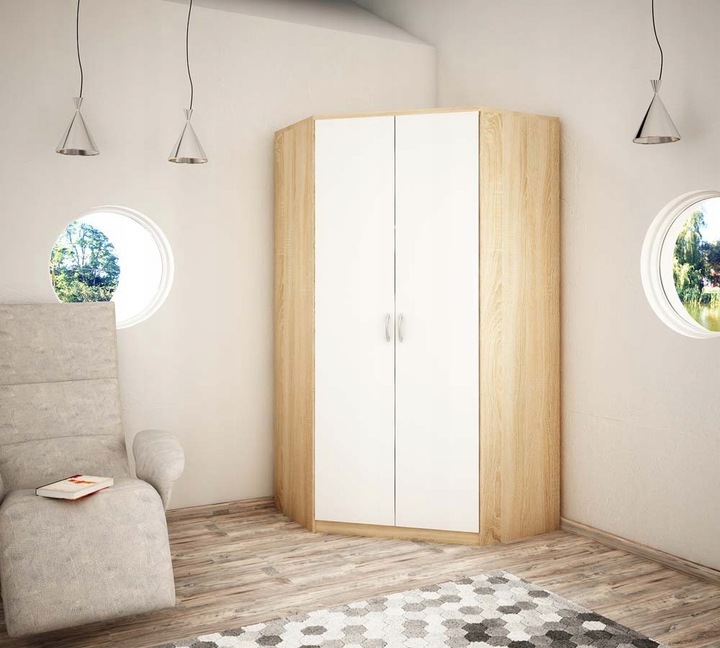 Rohová šatní skříň ZORICA - šířka 106 cm, dub sonoma / bílá