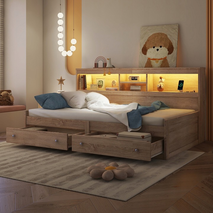 Rozkládací pohovka, USB nabíjecí zásuvka 90*200 cm, 2 zásuvky v nočním stolku