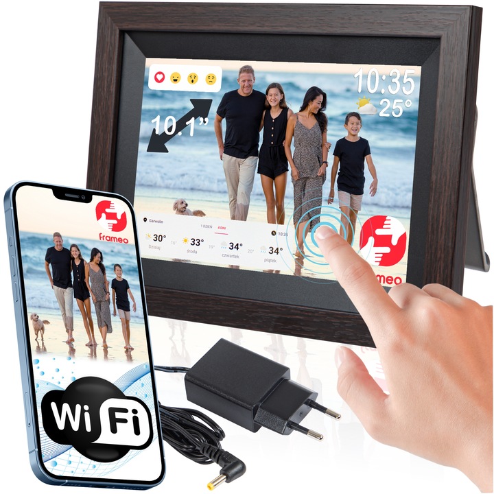 RÁMEČEK DIGITÁLNÍ 10" NA FOTOGRAFIE FOTORÁMEČEK HUDBA FILMY WIFI FRAMEO DŘEVĚNÝ