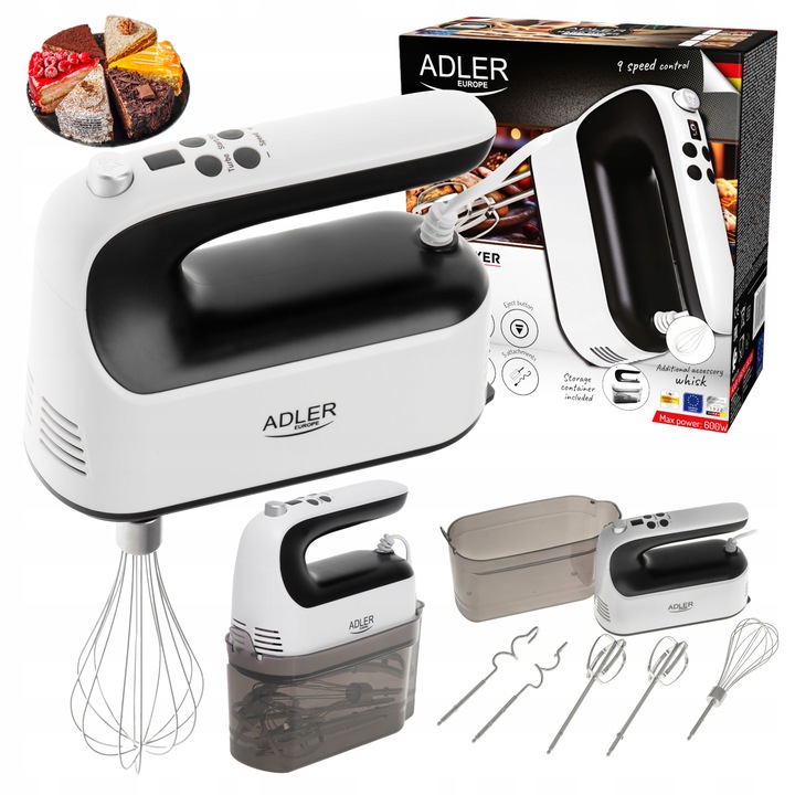 Ruční mixér Adler 9 rychlostních stupňů TURBO Šlehací háky Šlehací metla LCD 600W