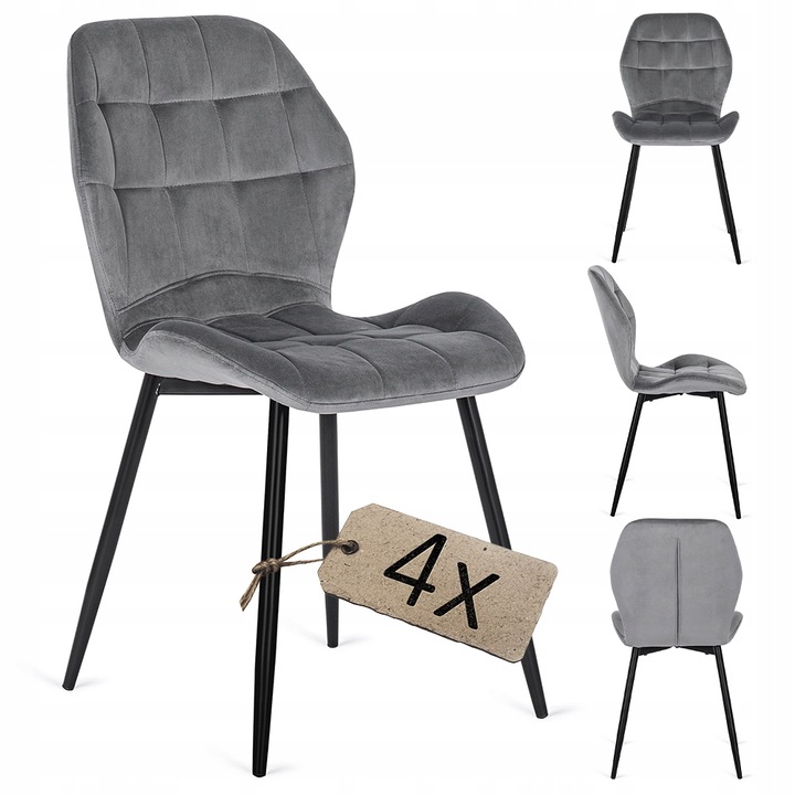 Sada 4 Čalouněných Židlí z Veluru Jídelní Set Šedé LUCKY