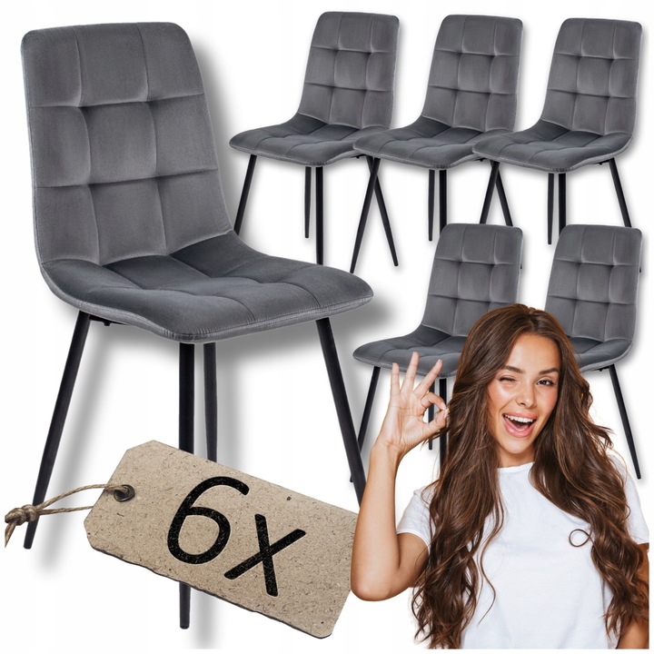 Sada 6 Čalouněných Židlí z Veluru, Šedá Jídelní Souprava PERU