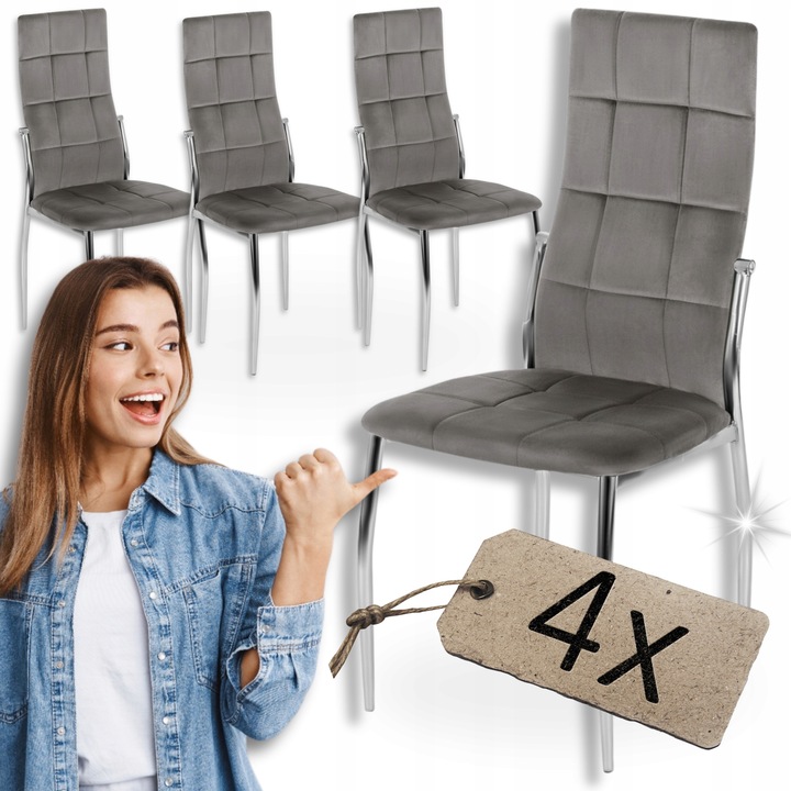 SADA ČALOUNĚNÝCH VELUROVÝCH ŽIDLÍ DO KUCHYNĚ ŠEDÉ MOLLY 4x